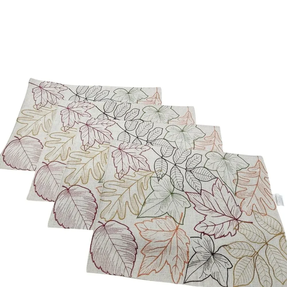 Fall Thanksgiving (4) Placemats 18x12 Embroidered Red Green Brown Leaves Holiday